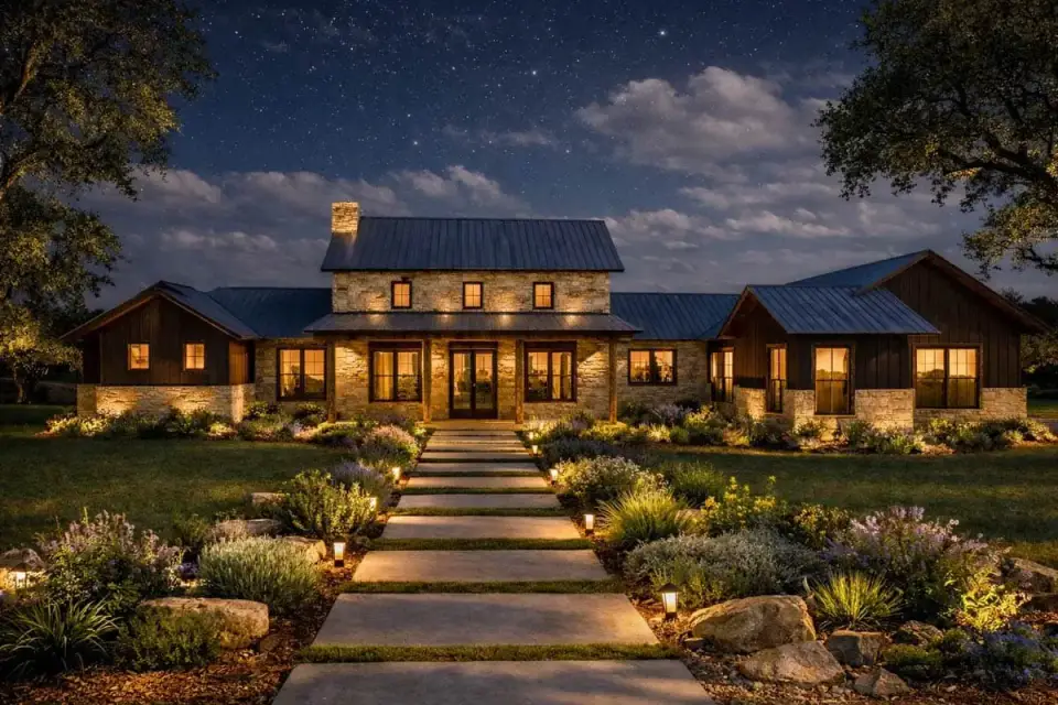 Front porch detail with timber posts and beams on a single-story Modern Farmhouse plan