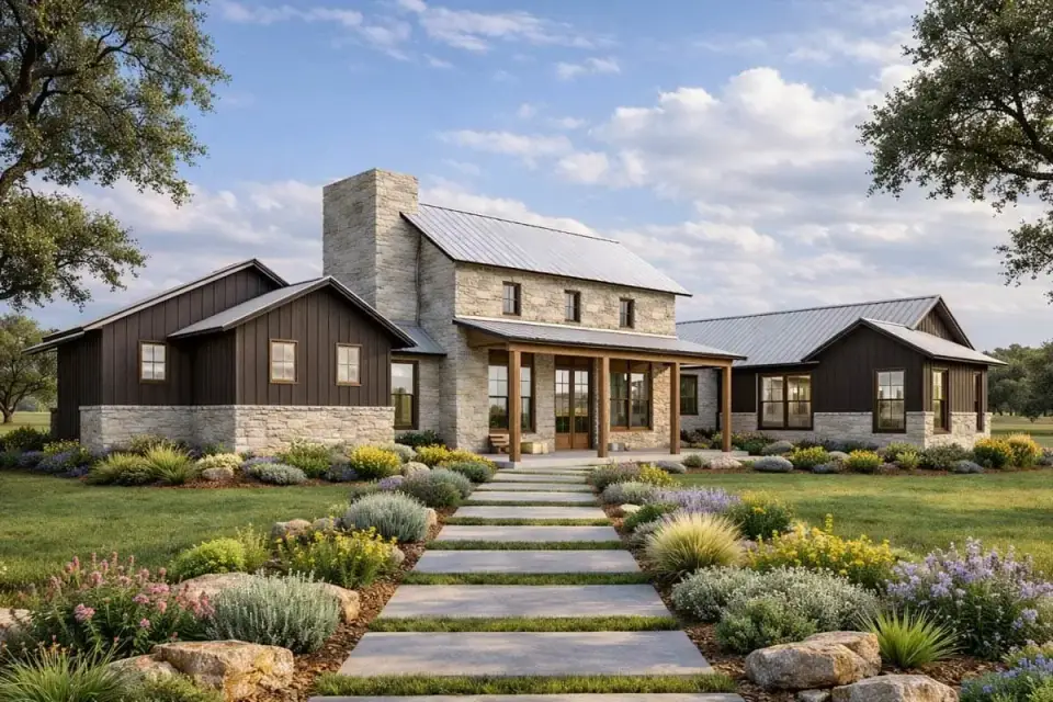 Side elevation of single-story Hill Country Farmhouse plan with multiple gables and clerestory windows