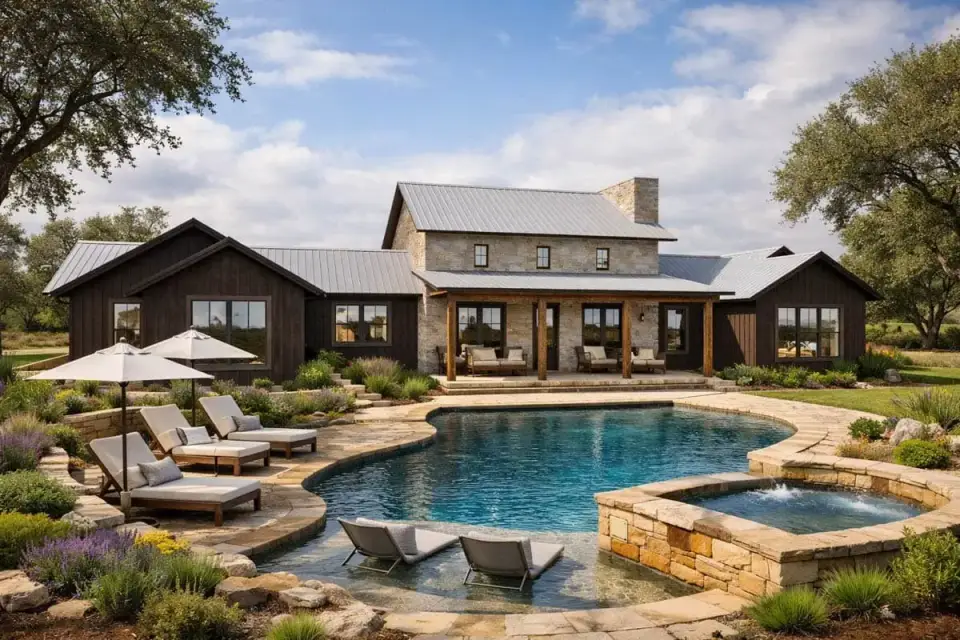 Rear elevation with covered porch and outdoor kitchen on a Modern Hill Country Farmhouse plan
