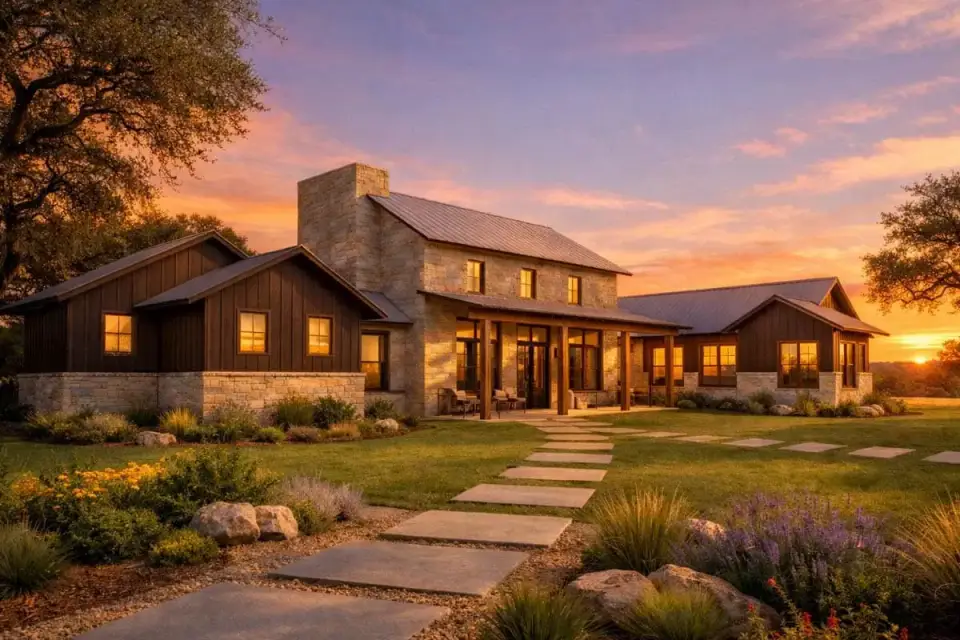 Stone veneer chimney detail on a Modern Farmhouse exterior with board-and-batten siding