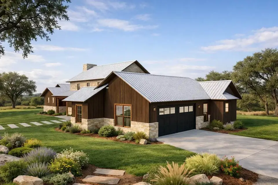 Side-entry two-car garage with workshop addition on Modern Hill Country Farmhouse plan