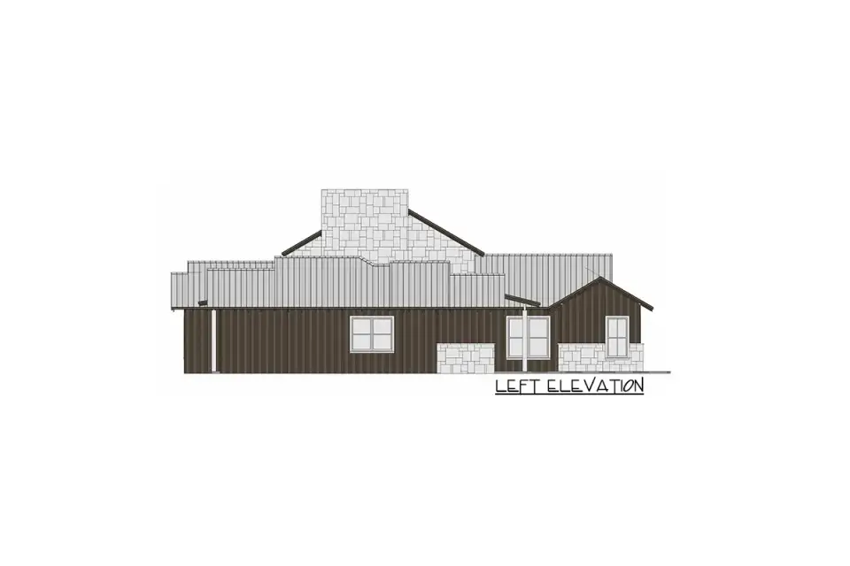 Rear covered porch with timber beams and outdoor kitchen on a 2,808 SF single-story farmhouse plan