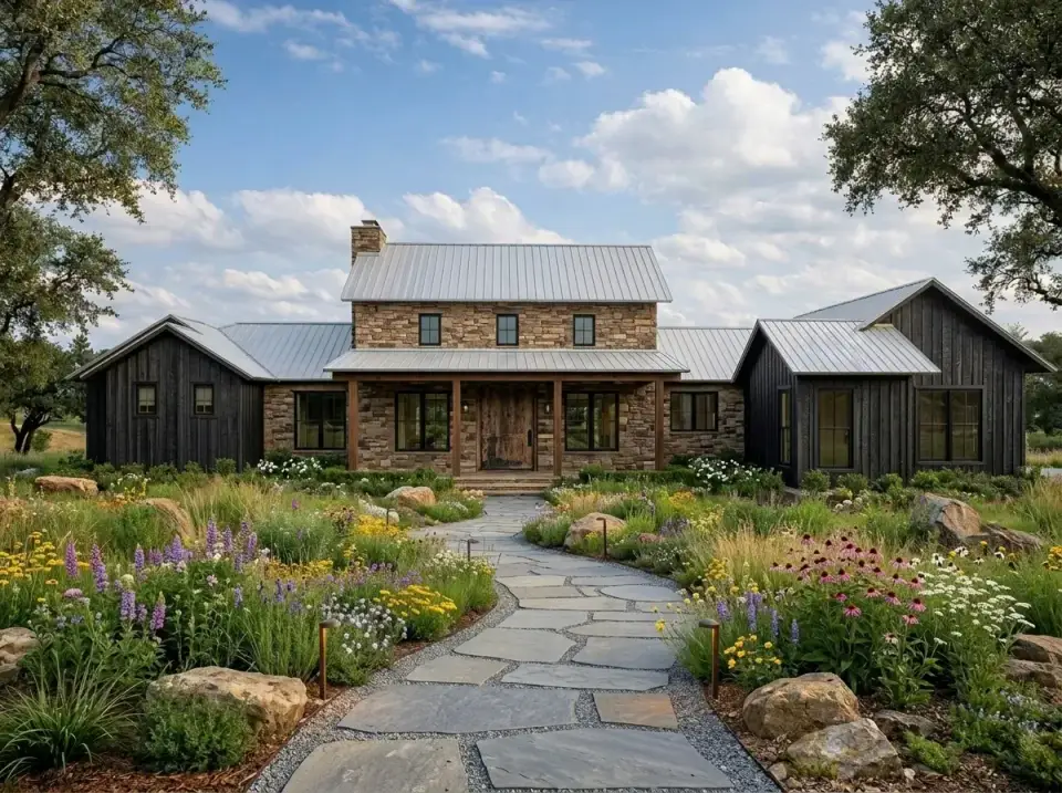 Moody modern rustic facade direction with charcoal board-and-batten siding and dark stone veneer on a single-story farmhouse