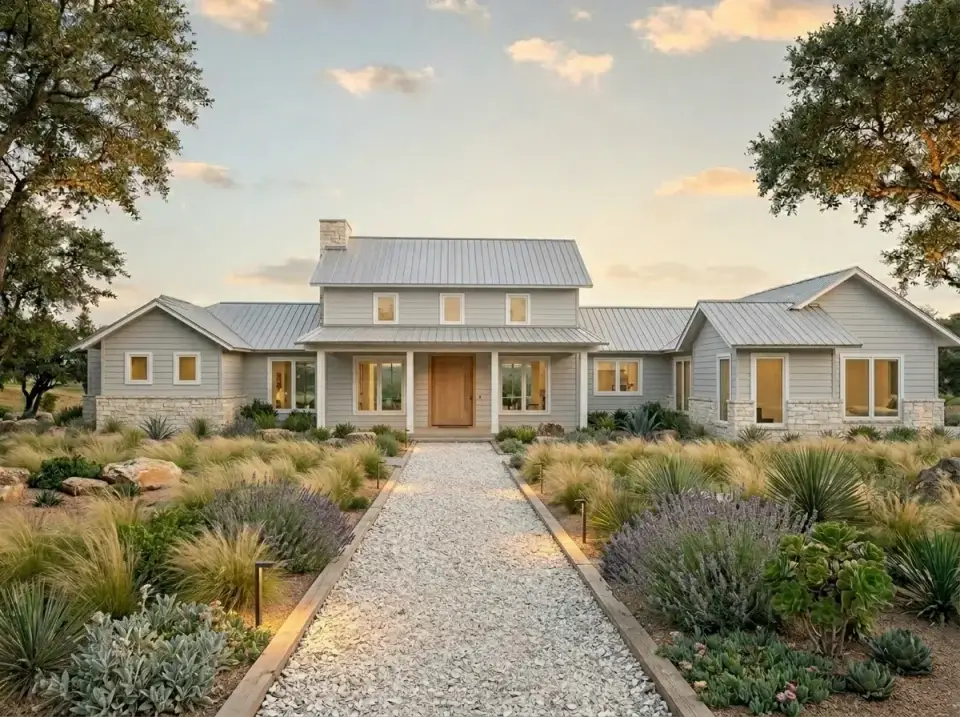 Light and airy coastal facade direction with pale grey siding, whitewashed stone and silver metal roof