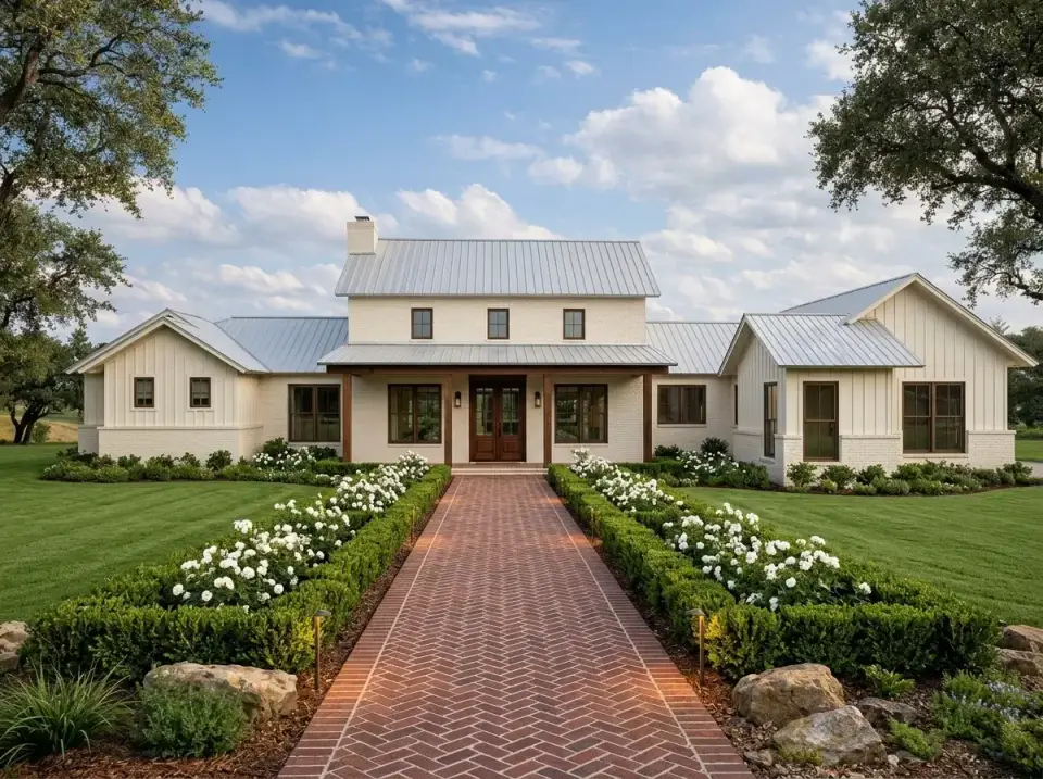 Classic white farmhouse facade direction with crisp board-and-batten, painted brick base and herringbone brick path