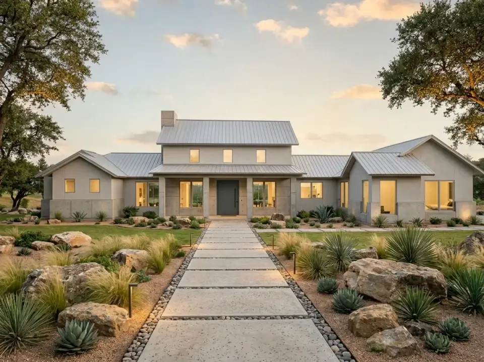 Contemporary concrete facade direction with board-formed concrete walls and minimalist sculptural landscaping