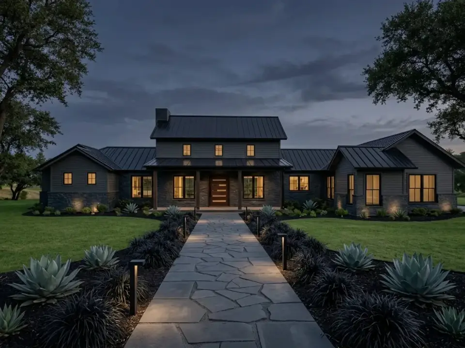 Dark and dramatic facade direction with dark grey vertical siding, stacked stone and dramatic uplighting
