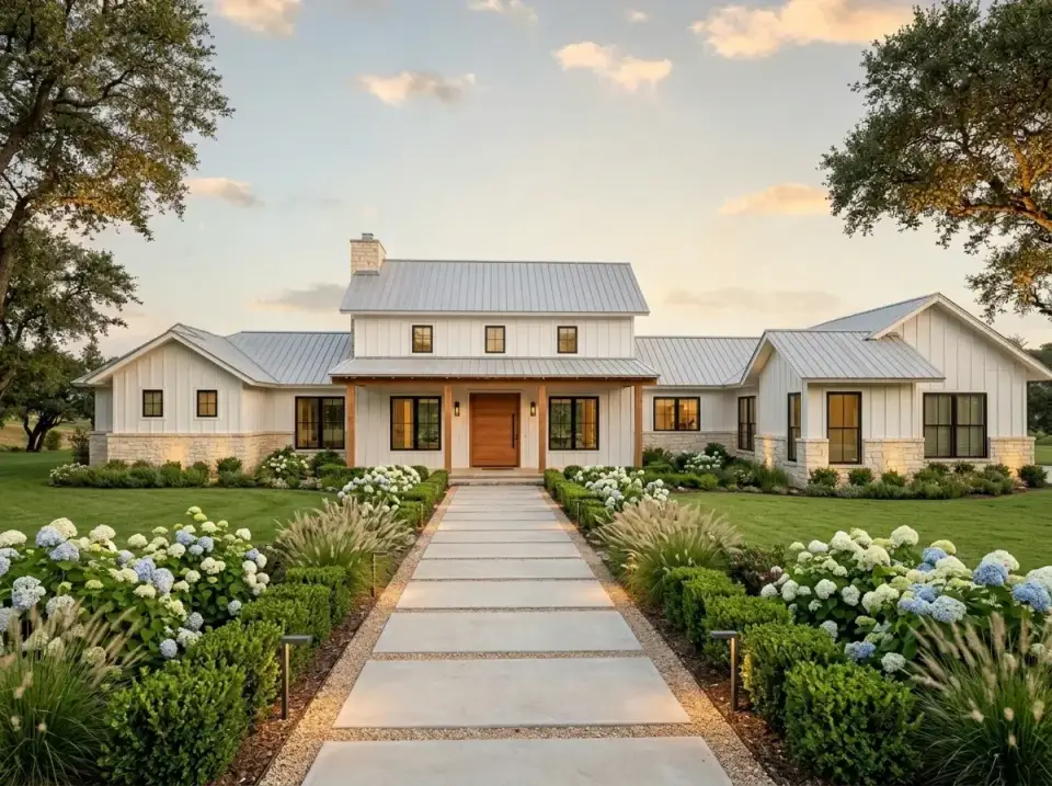 Bright garden farmhouse facade direction with white siding, hydrangeas and lush garden landscaping