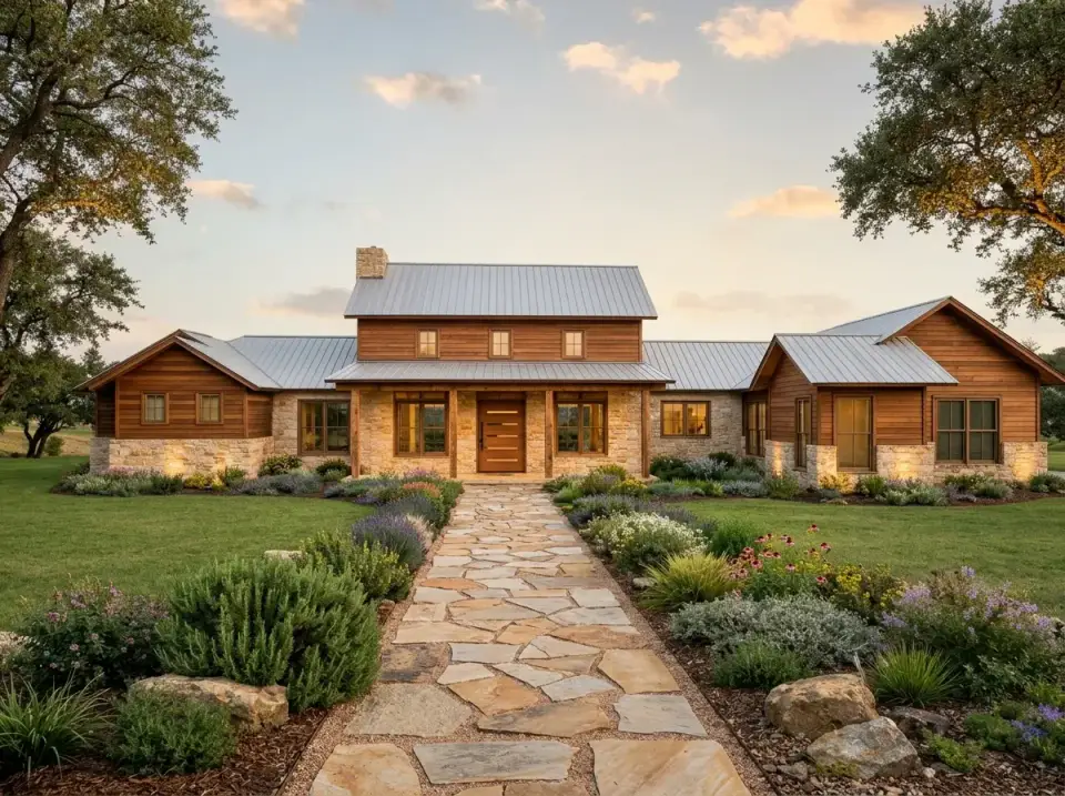 Warm natural wood facade direction with stained wood siding, warm-toned stone veneer and naturalistic landscape