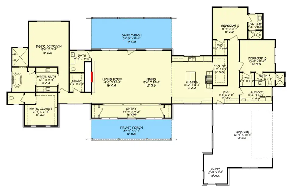 Single-story Modern Hill Country Farmhouse floor plan, 2,808 SF, 3 beds 3.5 baths with split-bedroom layout, clerestory great room and attached workshop