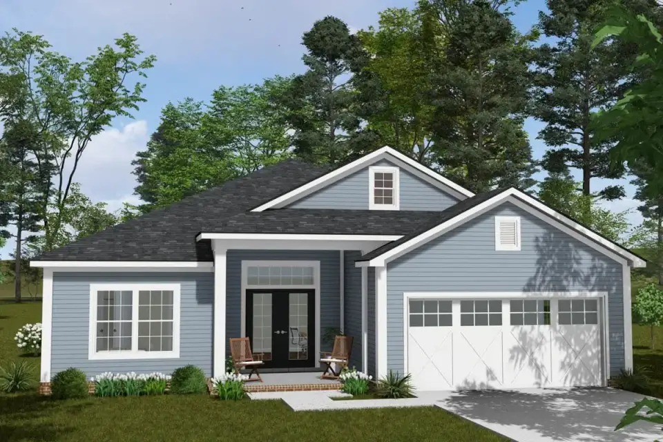 Ranch house exterior with blue-gray lap siding, white trim, and covered front porch