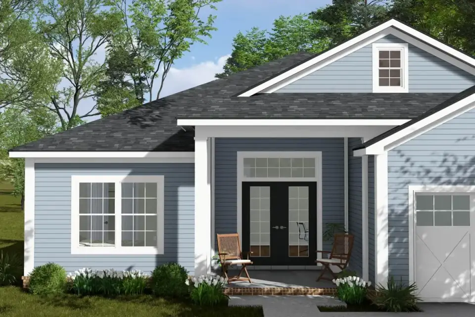 Single-story ranch front elevation with board-and-batten gable accents