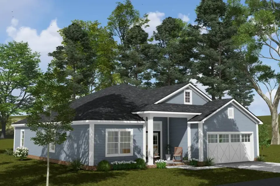 Ranch house plan exterior showing stone wainscot foundation detail