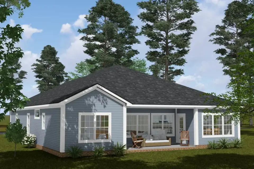 Two-car garage with carriage-style doors on a ranch house plan