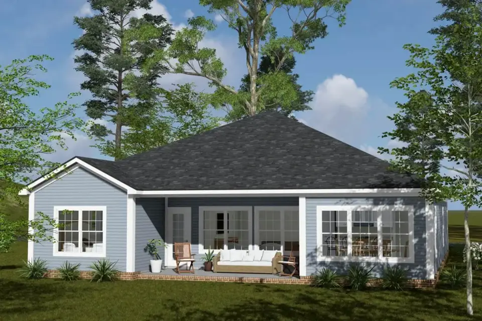 Covered front porch with column supports on a single-story ranch