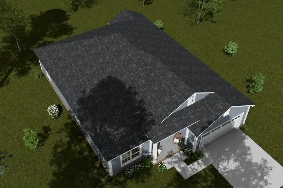 Rear elevation of ranch house plan with covered back porch