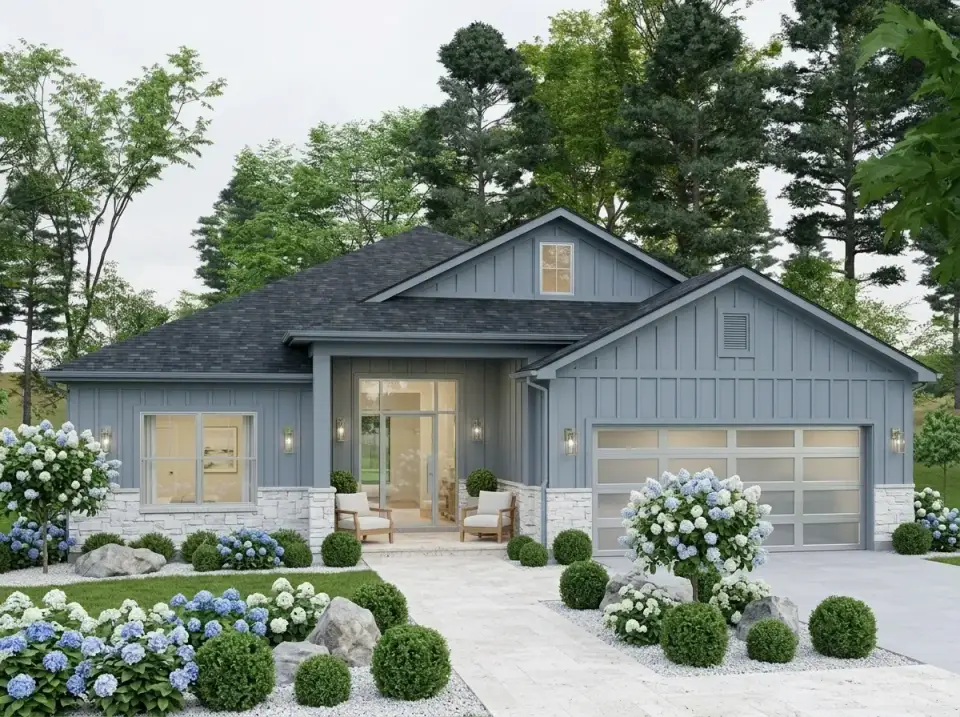Coastal Craftsman facade with blue-gray board-and-batten siding and stone base
