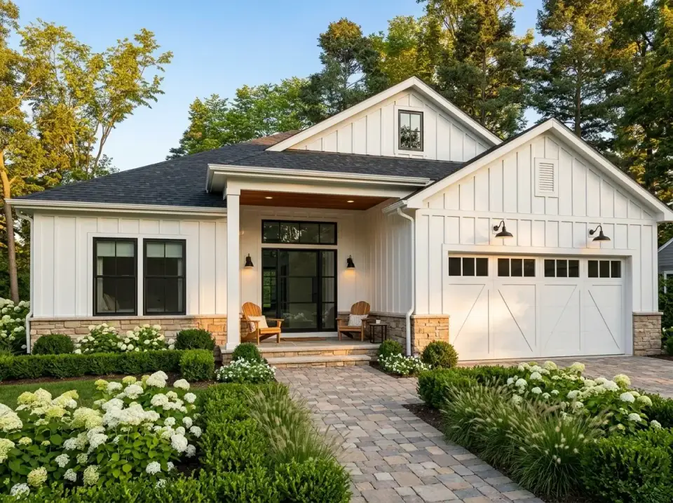 Modern Farmhouse facade with white vertical siding and black window frames