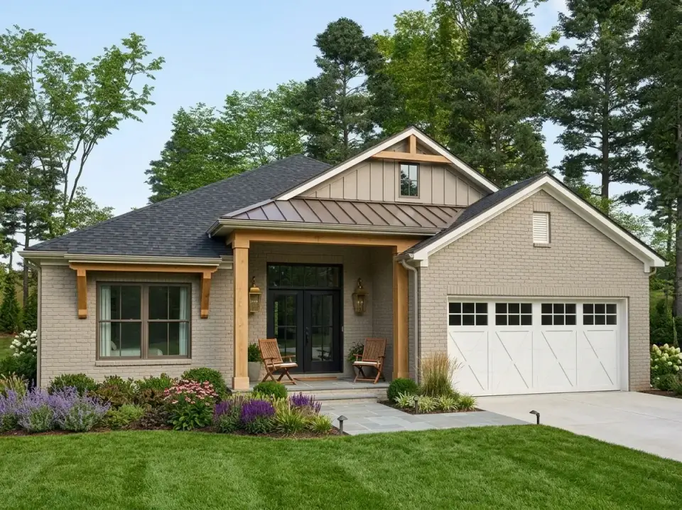 Transitional Brick facade with timber porch columns and standing-seam metal roof accent