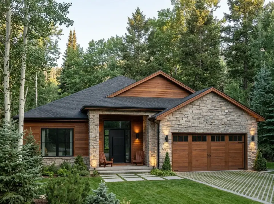 Mountain Rustic facade with horizontal wood siding and stacked stone columns