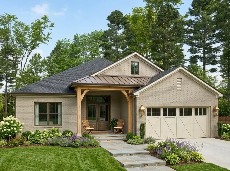 Warm Traditional facade with cream brick and timber porch brackets