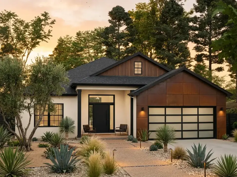 Desert Contemporary facade with white stucco and rust-toned metal panel garage