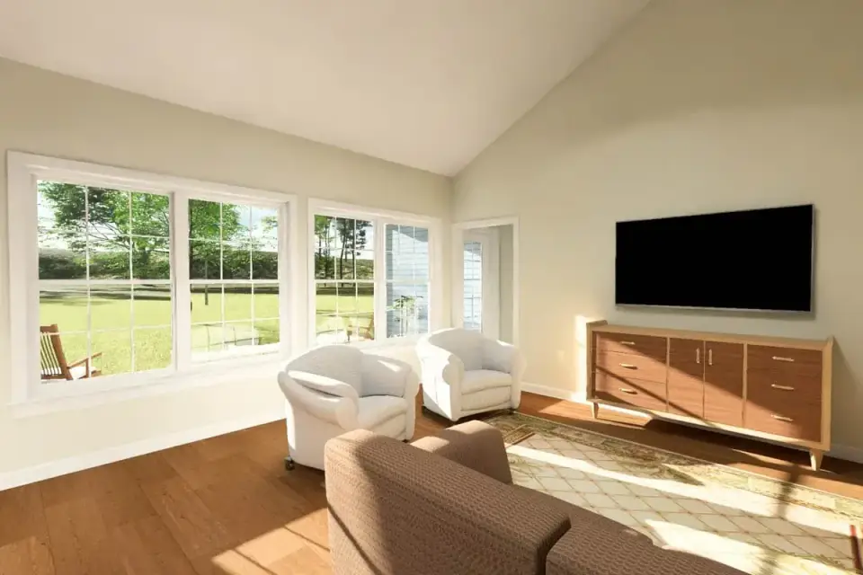 White kitchen with island, granite-look counters, and stainless appliances