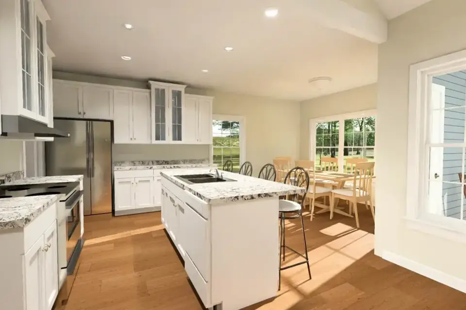 Kitchen island with sink in an open-concept ranch floor plan
