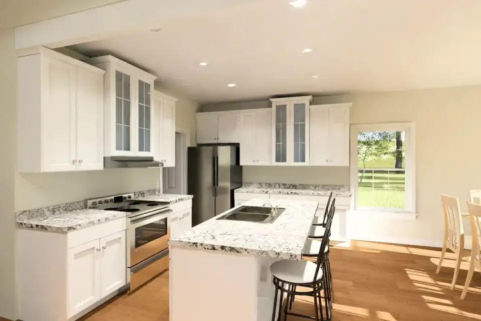 Open-concept living and dining space with wood flooring
