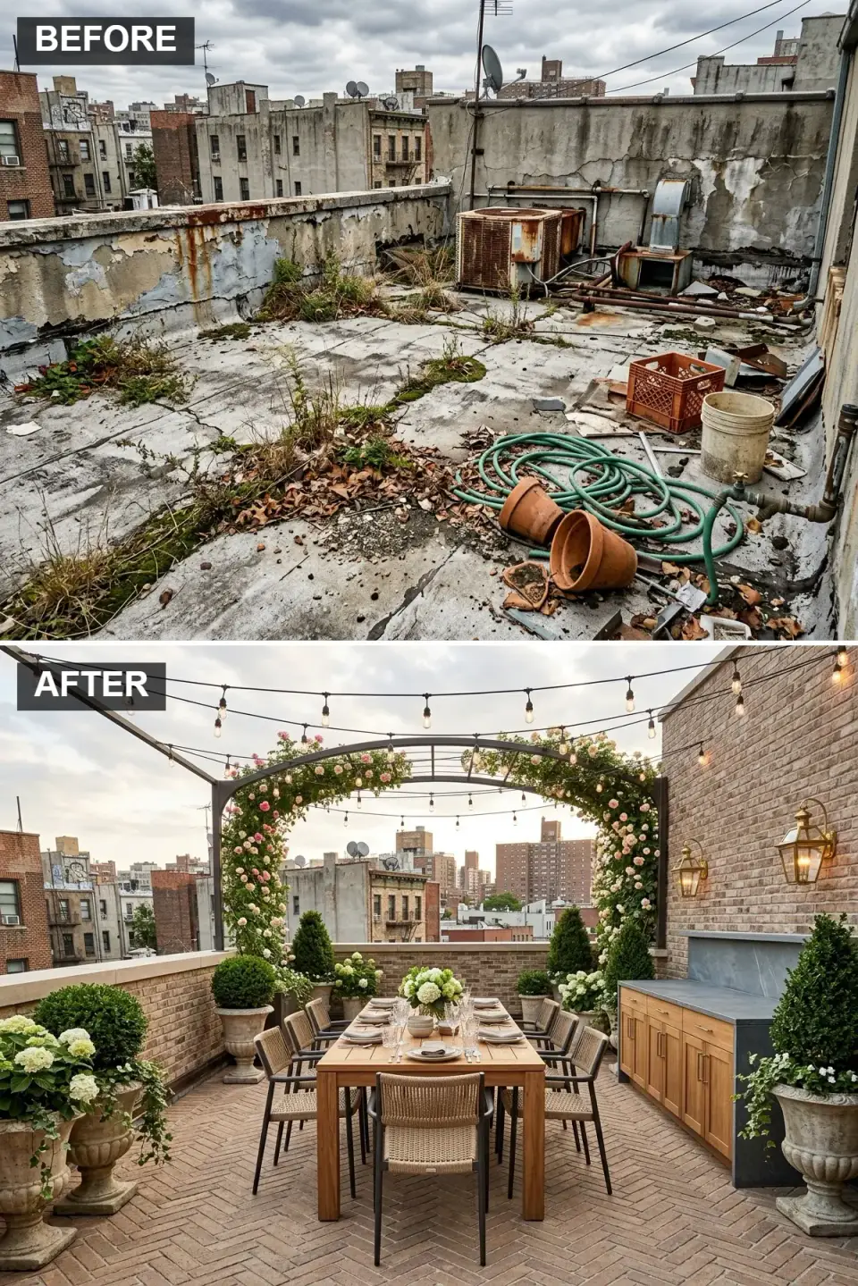 Classic European rooftop dining haven with raised terracotta brick parapet walls, herringbone brick pavers on the deck, large dark bronze rose-covered metal arbor framing a teak dining table, outdoor kitchen with soapstone counter, and wall-mounted bronze lanterns