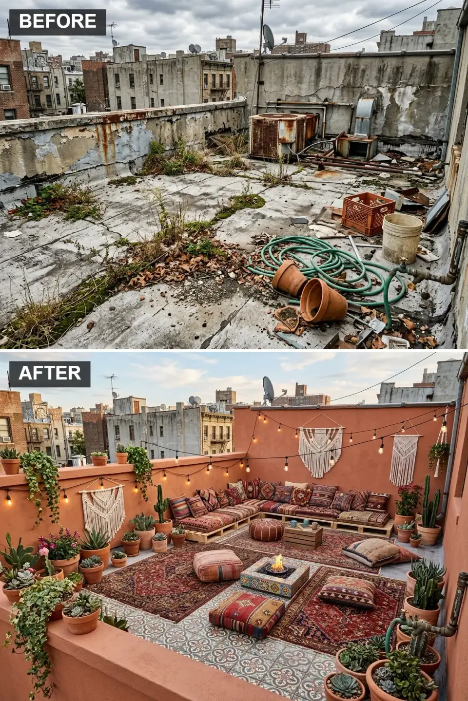 Bohemian rooftop with terracotta painted perimeter walls, patterned encaustic-look blue and cream ceramic floor tiles with layered deep red and navy Persian-style outdoor rugs, low seating built from stacked pallets topped with colorful patterned cushions and pillows, macrame wall hangings, abundant warm string lights, small corten steel fire pit, and numerous potted cacti and succulents