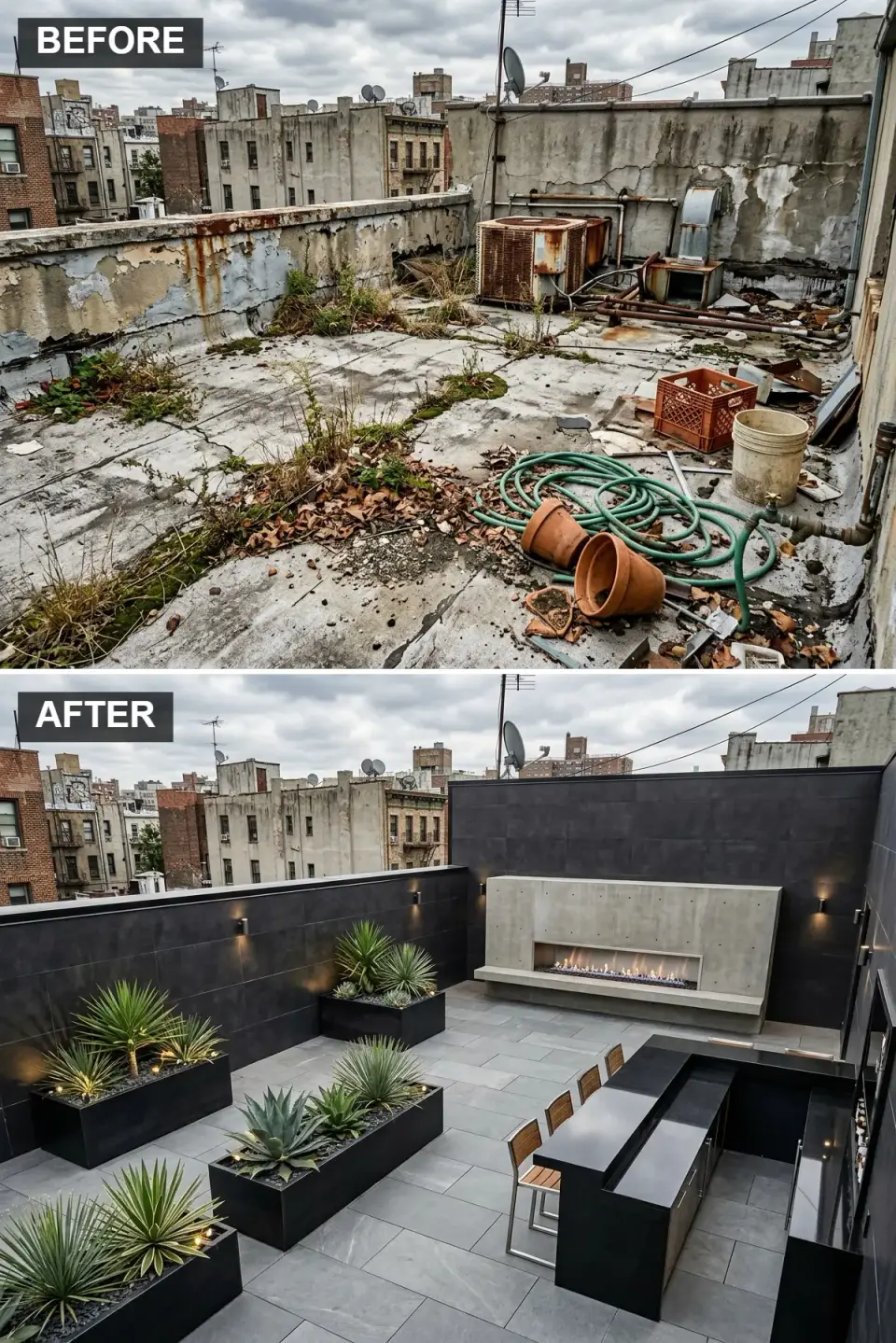 Sleek moody rooftop with dark charcoal porcelain cladding on both floor and walls, massive custom-built raw-concrete outdoor fireplace with tall chimney, large black granite bar with bar seating and a compact stainless outdoor kitchen, architectural plantings like bird of paradise and horsetail rush in matte black fiberglass planters, and focused up-lighting