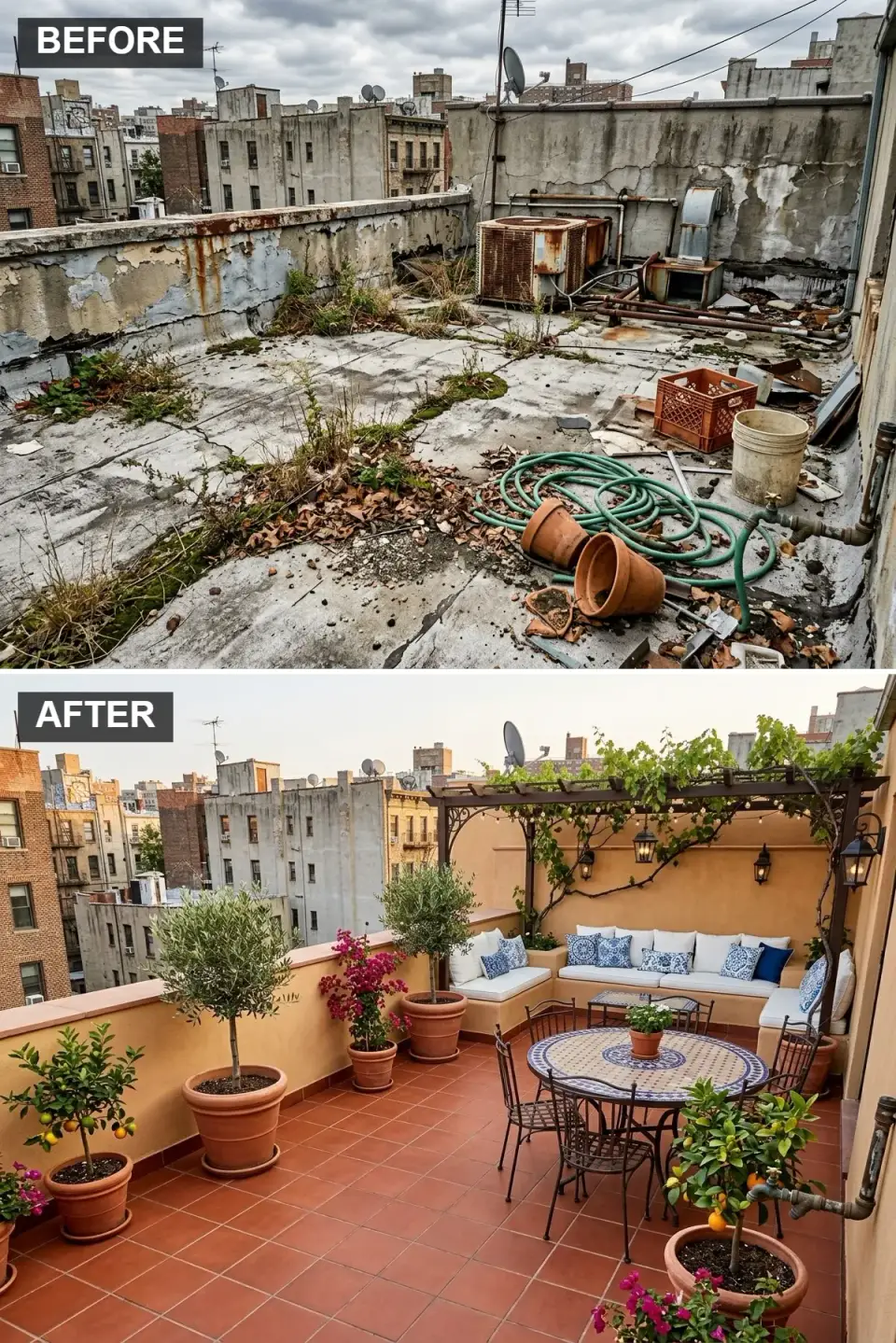 Mediterranean rooftop with warm ochre painted parapet walls, terracotta-look porcelain floor tiles on a pedestal system, dark walnut timber pergola draped with grapevine and hanging black metal lanterns, blue and white mosaic-top dining table, custom stucco-rendered bench with patterned cushions, and large rolling terracotta pots with dwarf olive and Meyer lemon trees
