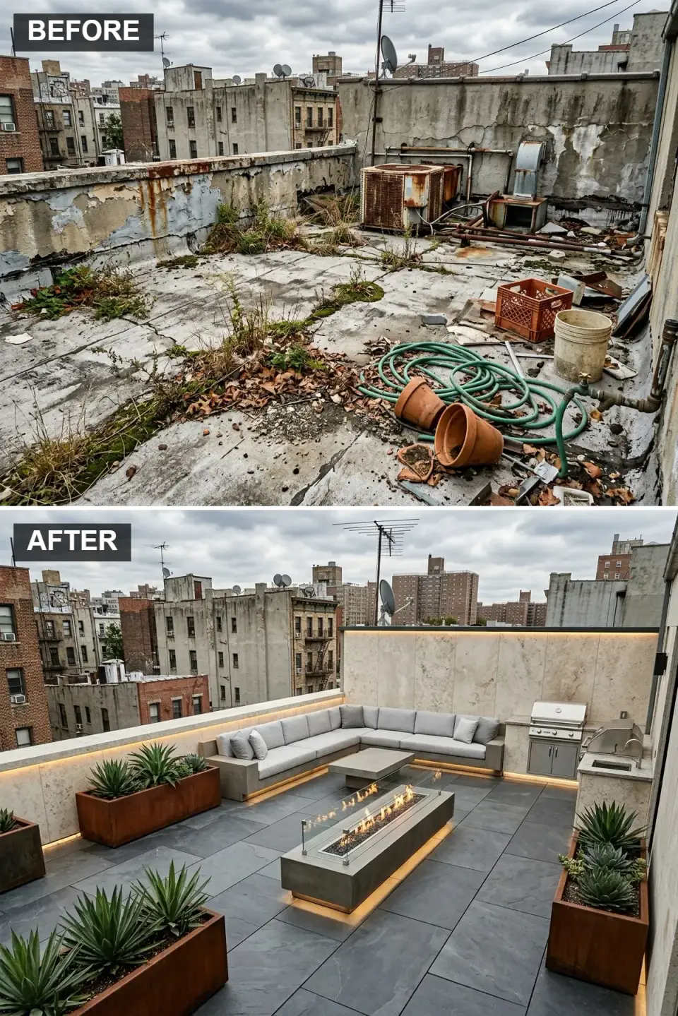 Contemporary luxury rooftop lounge with large-format dark basalt porcelain floor tiles, backlit creamy travertine feature wall, massive rectangular concrete linear fire table with glass wind guard, grey performance-fabric sectional sofa, Corten steel architectural planters with agave and yucca, and hidden LED strip lighting