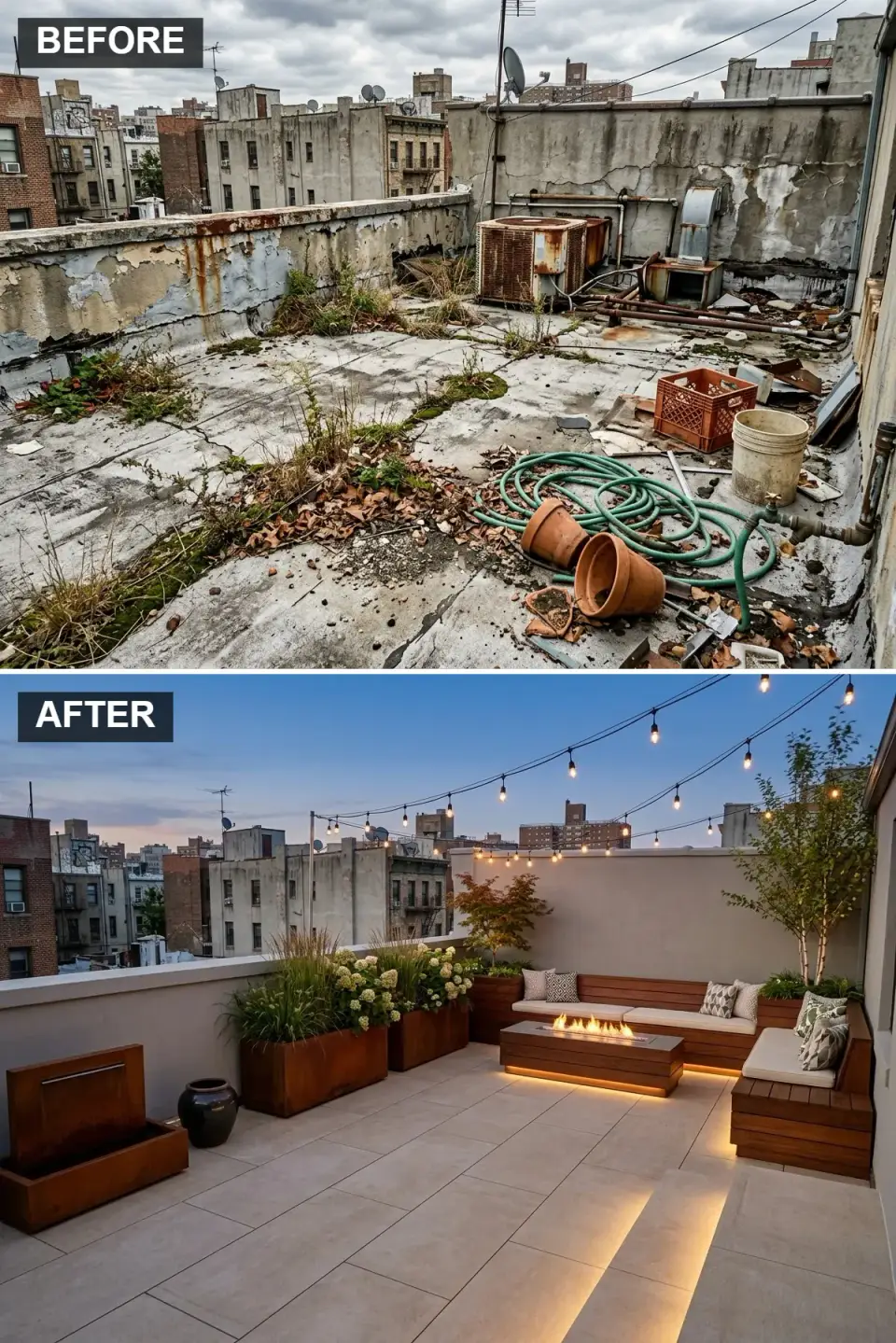 Warm rooftop lounge with sandstone-beige porcelain pavers on pedestals, L-shaped built-in warm cedar-clad bench with integrated planter box holding Japanese maple and hydrangeas, matching cedar-wrapped fire table, strung warm string bistro lights overhead, and Corten steel detail planters