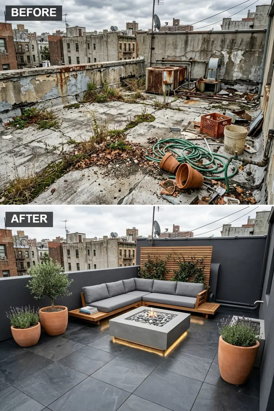 Sleek modern rooftop with midnight slate-look dark porcelain tiles, charcoal grey stucco parapet walls, horizontal natural teak slat privacy screen with climbing jasmine, pale cast-concrete square fire pit with river stones, natural teak modern sectional sofa with charcoal performance cushions, and large terracotta pots with trailing rosemary and 'Phenomenal' lavender