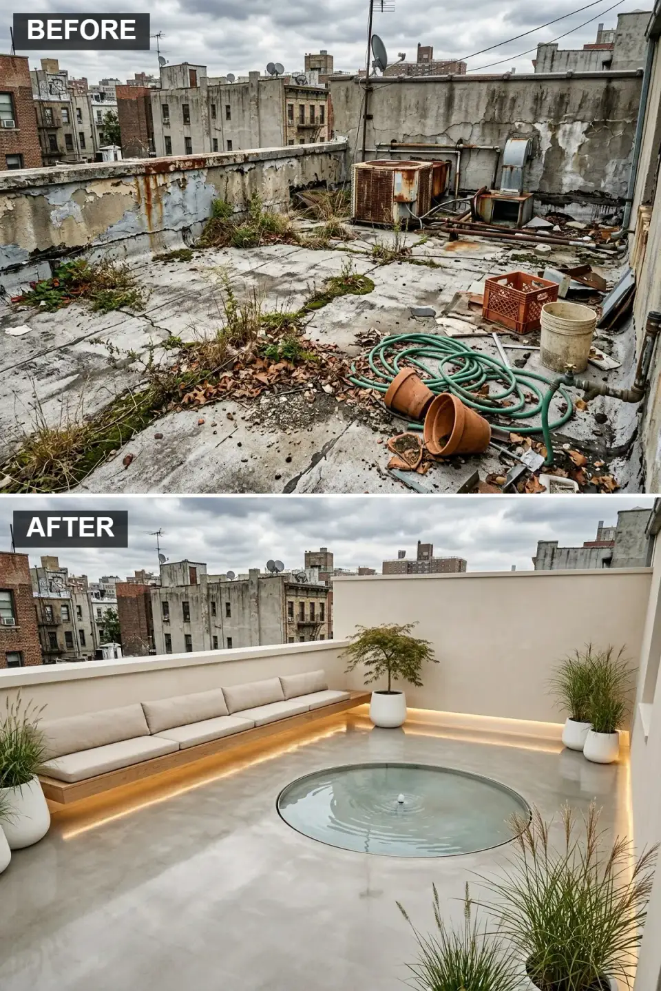 Minimalist rooftop with seamless polished light-concrete floor, pale adobe stucco perimeter walls, large circular reflecting pool with subtle central fountain jet lit from below, integrated light oak bench seat on one edge, and matte white sculptural planters holding Japanese maple and ornamental grasses
