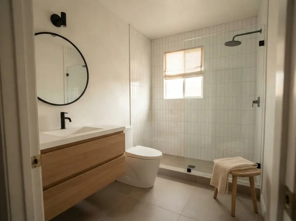 Small 5x8 hall bathroom after a Scandinavian spa remodel with a white oak floating vanity, black round mirror, vertical white stacked tile and a curbless walk-in shower behind a fixed glass panel