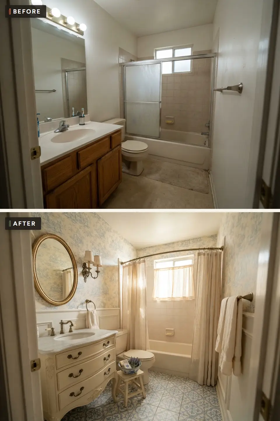 Before and after of a 5x8 hall bathroom remodeled in French country style with a cream painted vanity on curved legs, honed marble top, gilded oval mirror, two-arm antique brass sconce, blue and cream toile wallpaper above white panelled wainscoting and a blue and white patterned porcelain floor