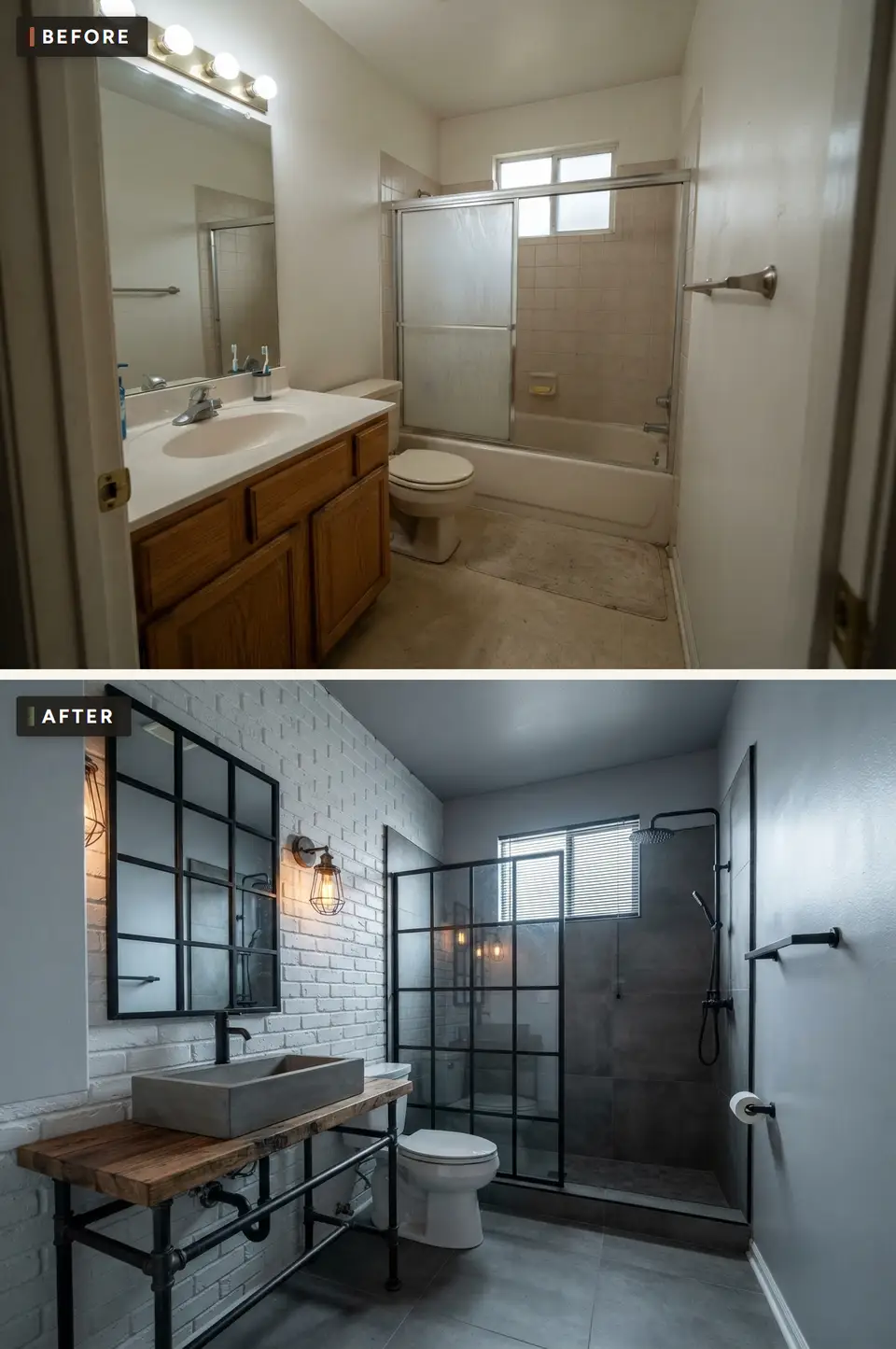 Before and after of a small bathroom remodeled in industrial loft style with a black steel pipe-frame vanity, reclaimed wood top, concrete rectangular sink, painted white brick wall, black grid-frame mirror, cage sconce and a walk-in shower with charcoal concrete-look porcelain behind a black steel grid glass screen