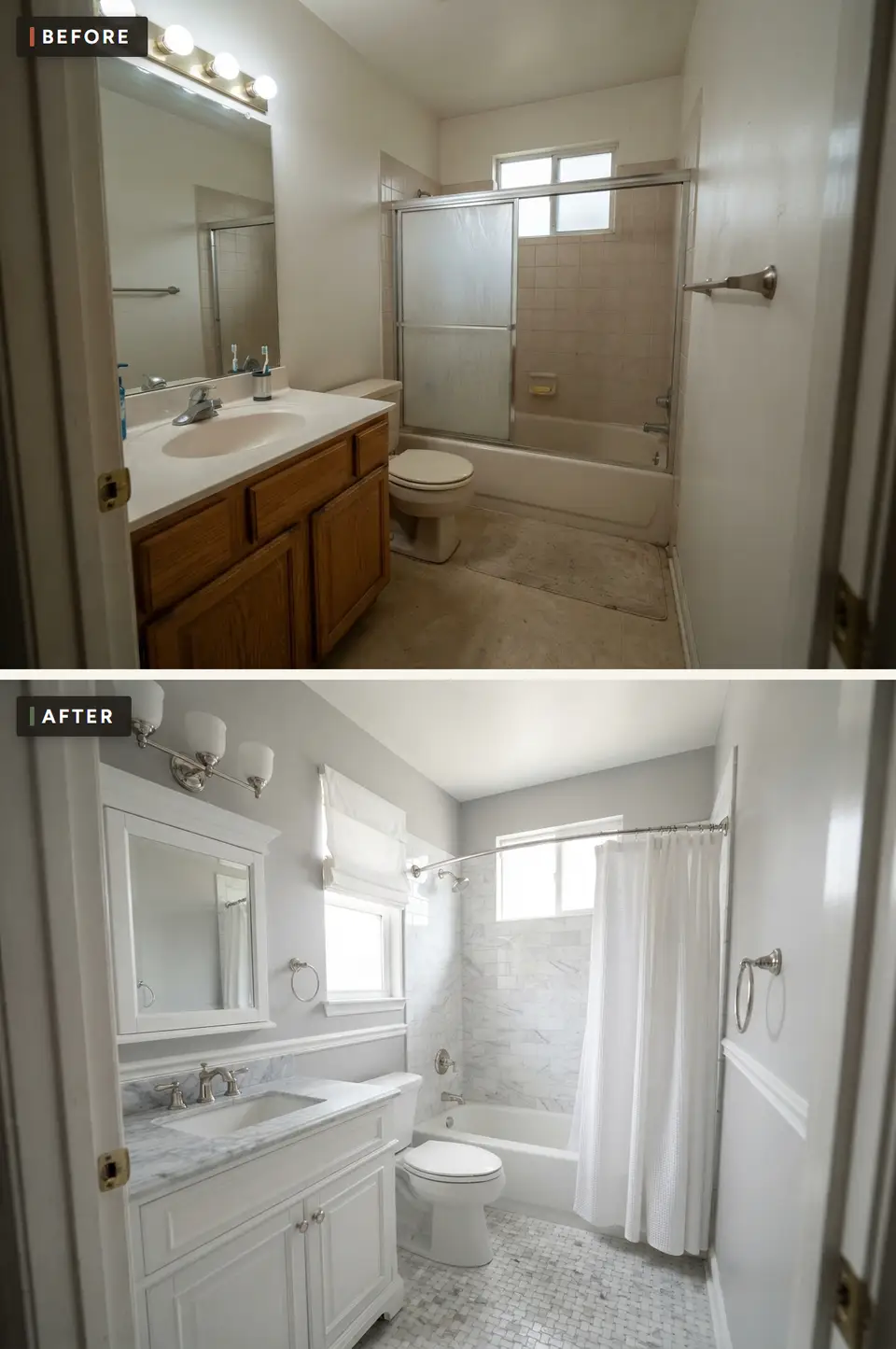 Before and after of a small bathroom remodeled in traditional style with a white raised-panel vanity, Carrara marble top, polished chrome sconce, marble-look subway tub surround, basketweave mosaic floor and dove grey walls with a chair rail