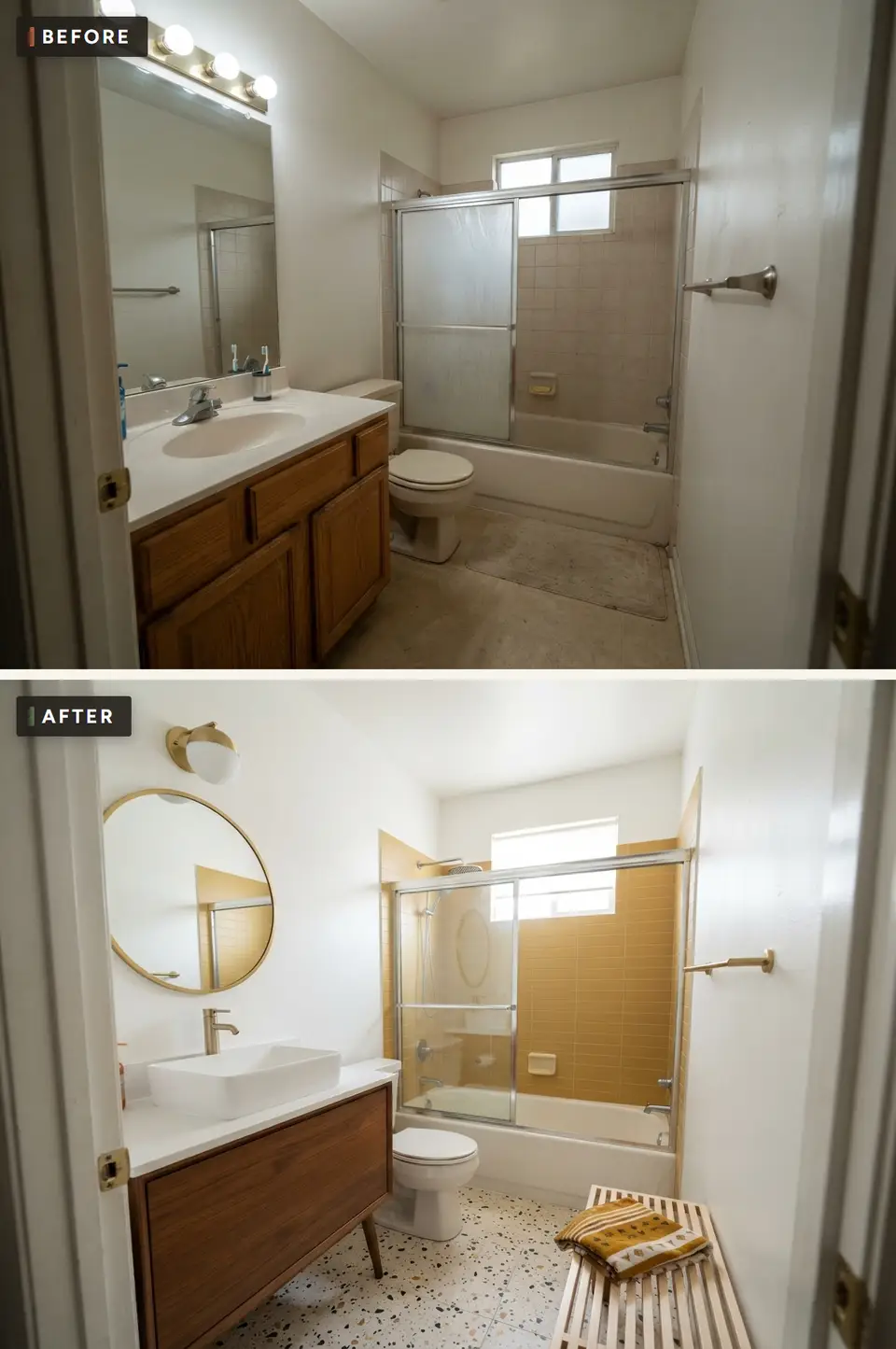 Before and after of a small hall bathroom remodeled in mid-century modern style with a walnut floating vanity on tapered legs, white vessel sink, round brass-rimmed mirror, mustard yellow stacked tile tub surround, terrazzo-look porcelain floor and a slatted white oak bench