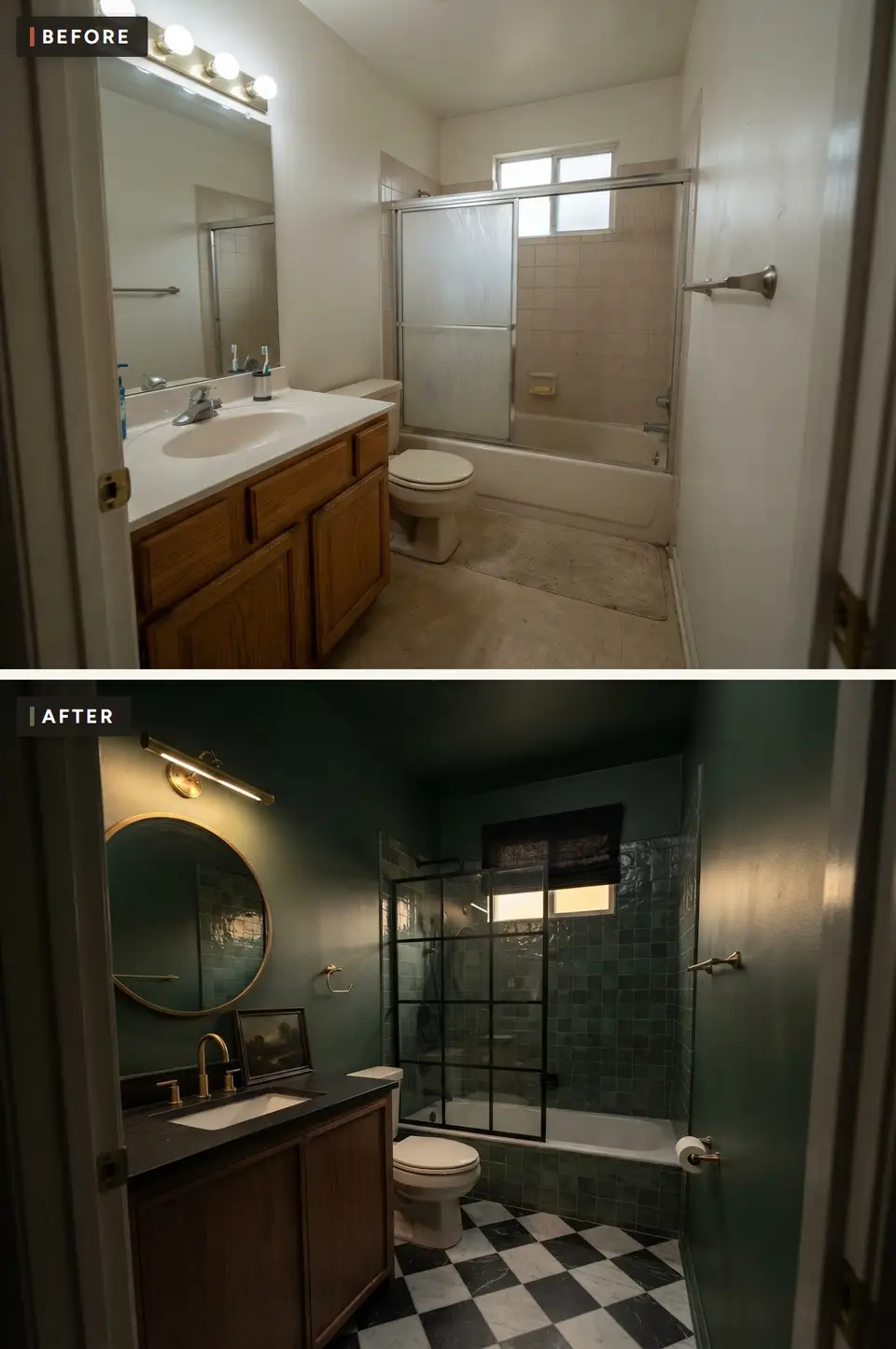 Before and after of a 5x8 bathroom remodeled as a moody dark jewel box with deep forest green walls and ceiling, a walnut vanity with black soapstone top, antique brass round mirror and picture light, green zellige tile tub surround, black-framed grid glass screen and a black and white marble checkerboard floor