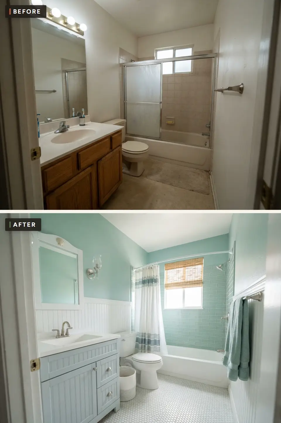 Before and after of a 5x8 hall bathroom remodeled as a coastal cottage bath with a pale blue-grey beadboard vanity, white beadboard wainscoting, seafoam upper walls, sea-glass green subway tile in the tub surround and a white penny-round mosaic floor