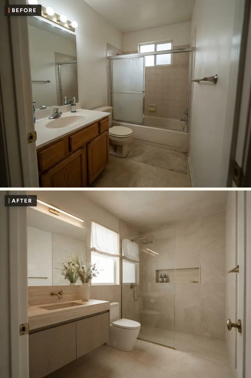 Before and after of a 5x8 bathroom transformed into a quiet luxury neutral bath with a wall-hung greige oak vanity, honed travertine counter, warm beige limestone-look porcelain on every surface and a walk-in shower behind a full-height glass panel