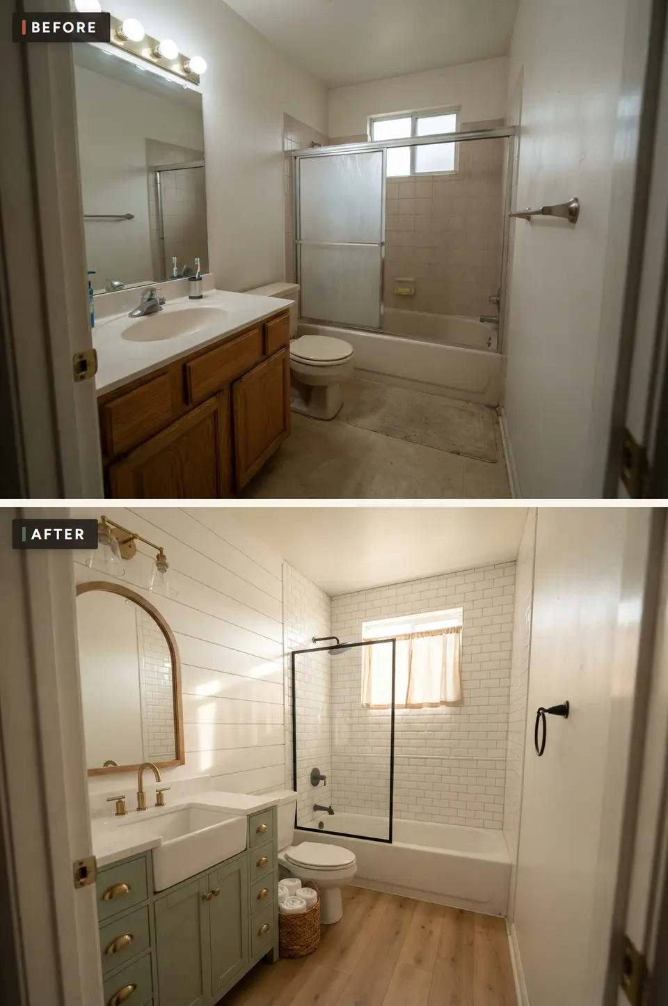 Before and after of a small hall bathroom remodeled in modern farmhouse style with a sage green furniture vanity, arched wood mirror, brass fixtures, white shiplap upper walls and a black-framed glass tub screen
