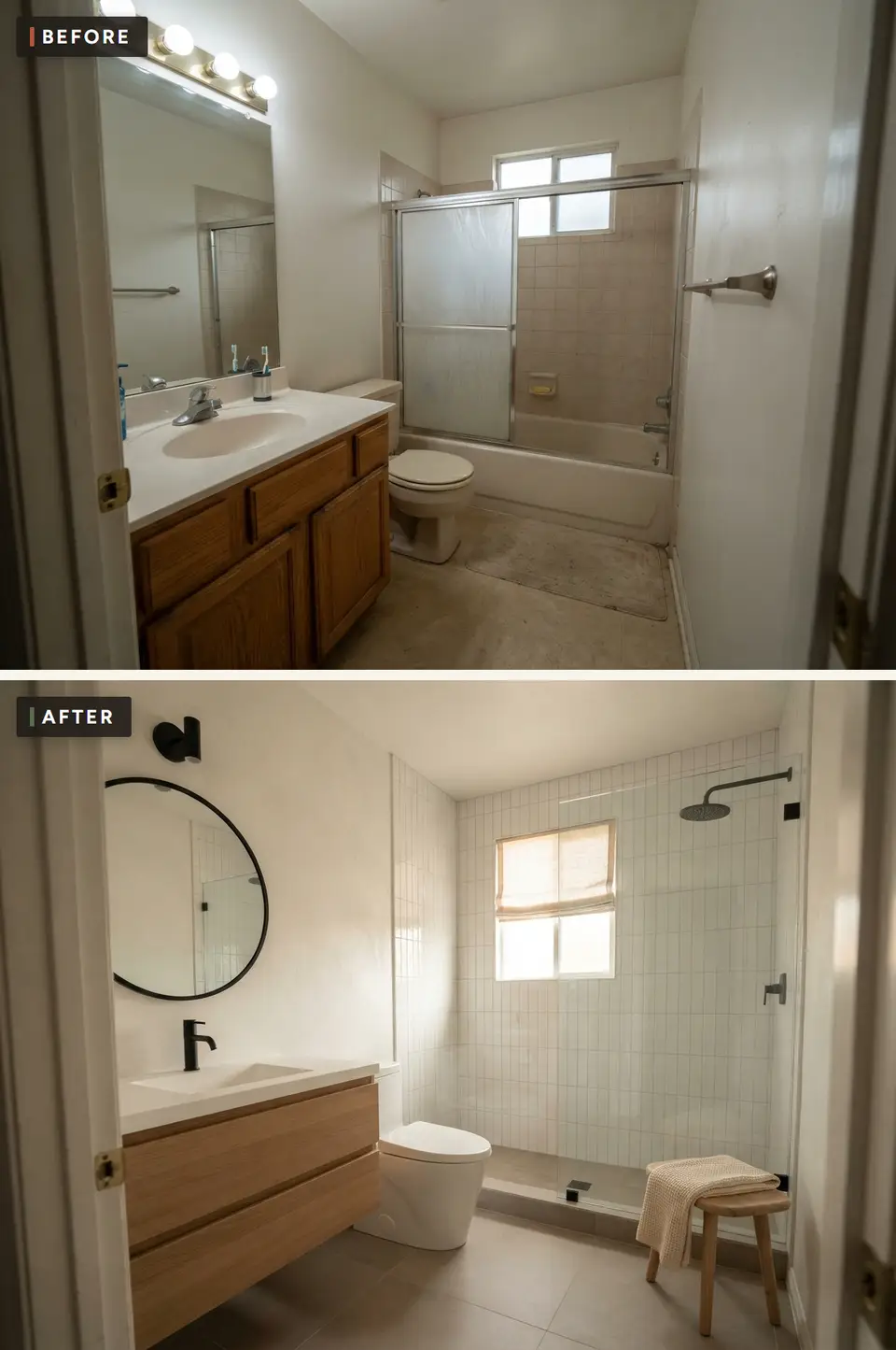 Before and after of a 5x8 hall bathroom remodeled as a warm Scandinavian spa with a white oak floating vanity, black round mirror, vertical white stacked tile and a curbless walk-in shower behind a fixed glass panel