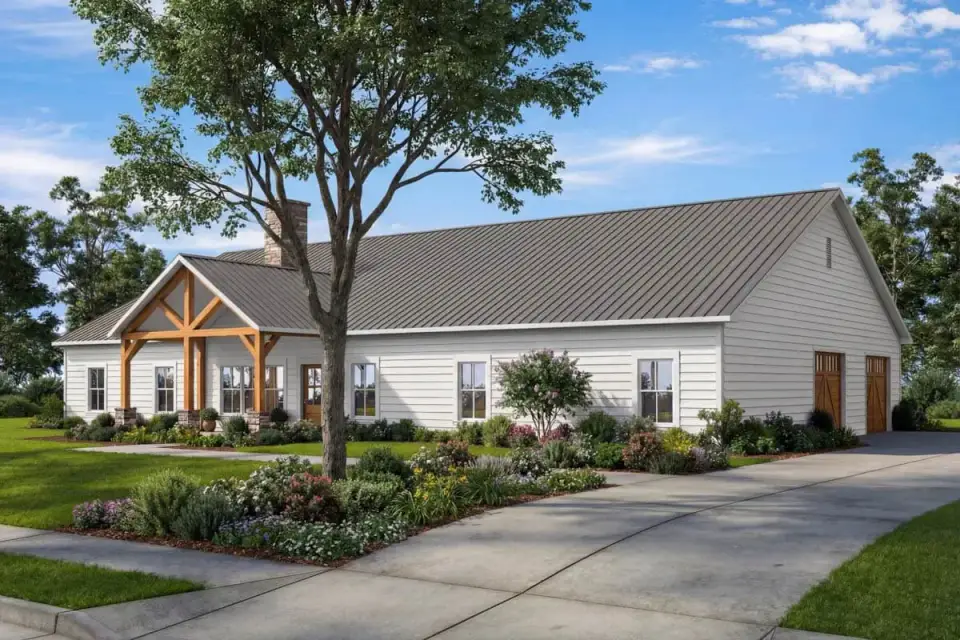 Front porch detail with exposed timber trusses on a single-story barndominium plan