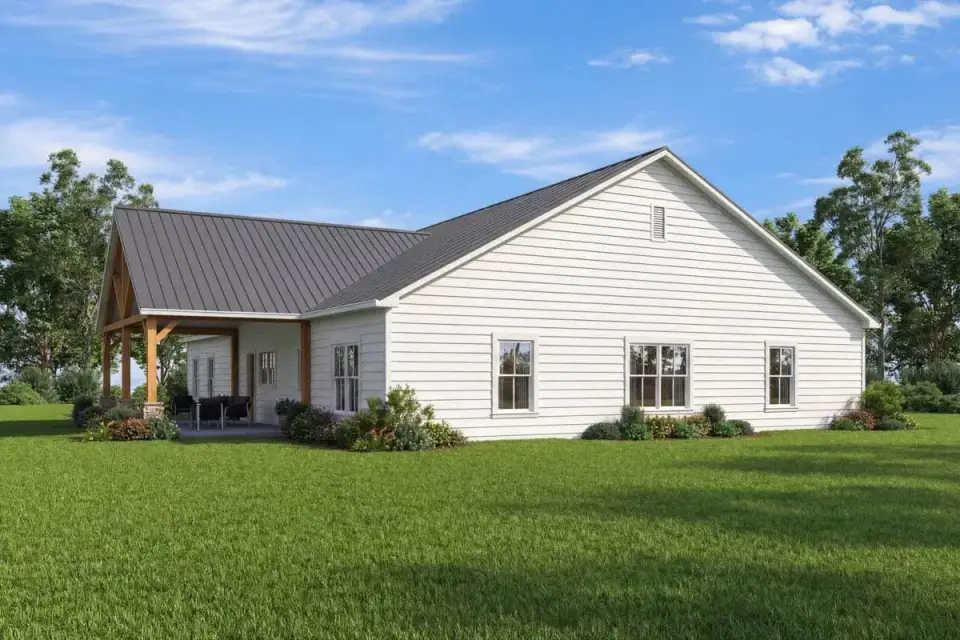 Rear elevation of country barndominium showing 30 by 15 foot covered porch and balanced window spacing