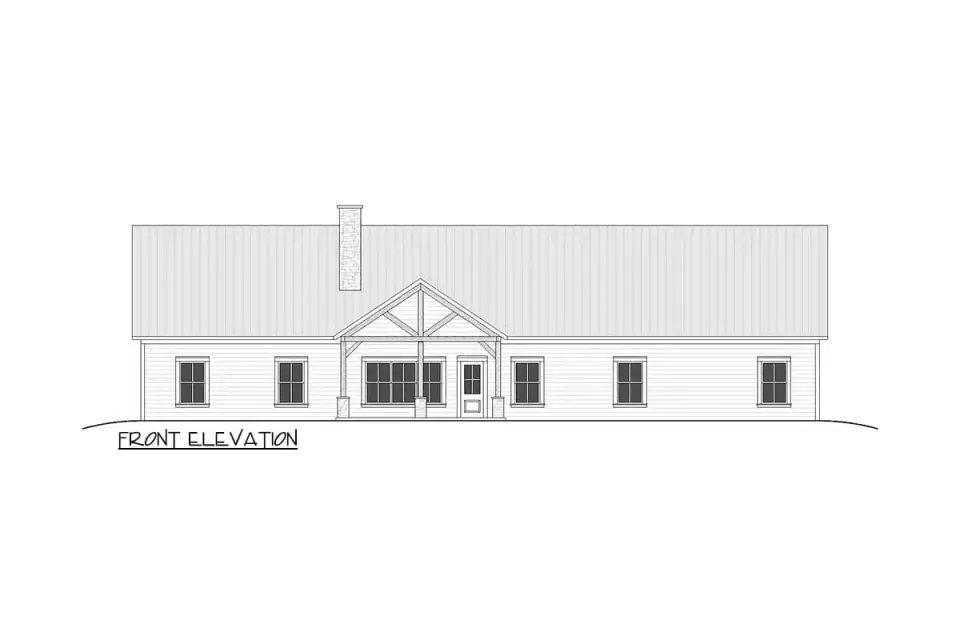 Three-quarter view of single-story country barndominium plan with metal roof and stone chimney